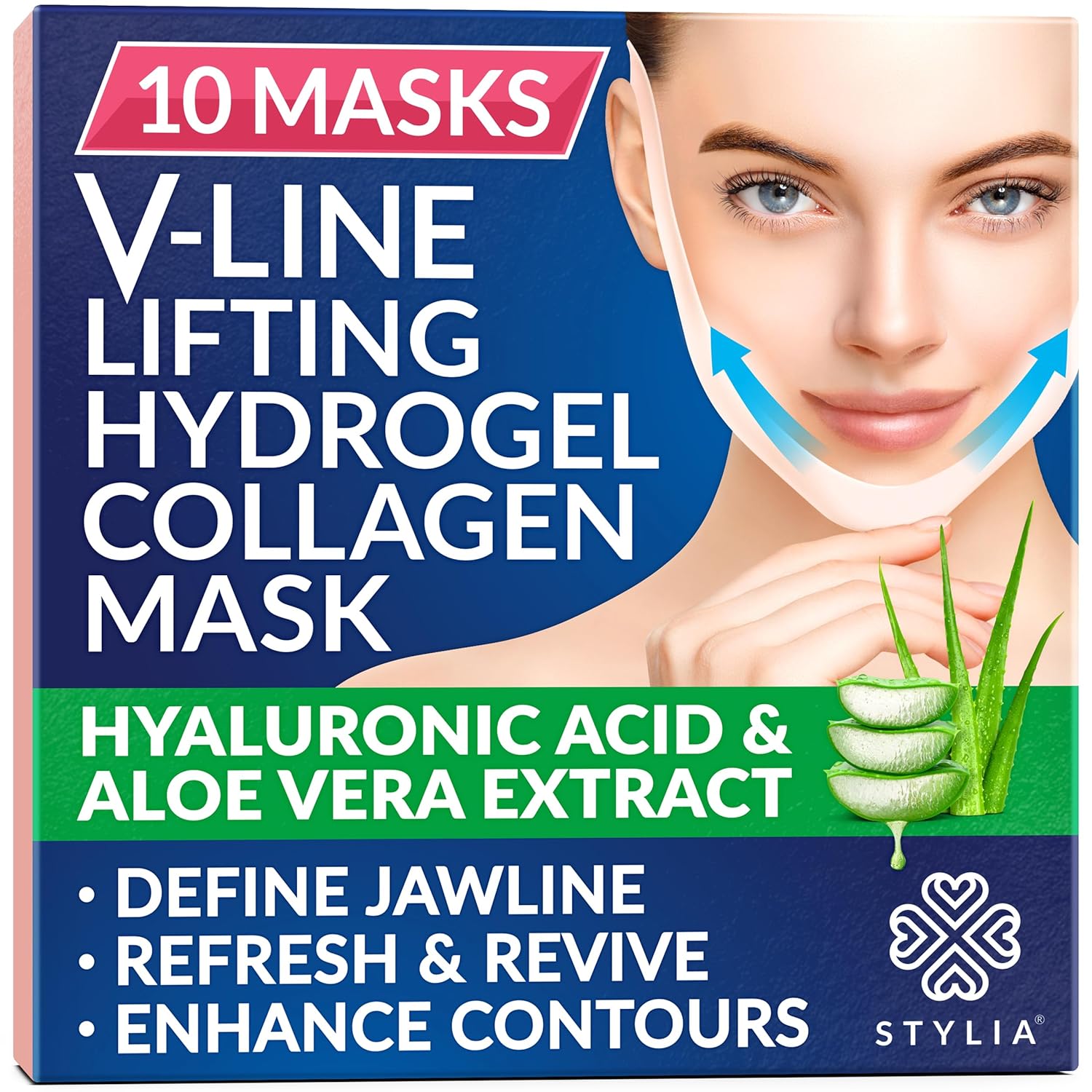 V Line Lifting Collagen Face Mask - Double Chin Strap for Women - Jawline Shaper Face Lift Tape - Neck Lift Collagen Mask - Chin Strap for Sleeping - Hyaluronic Acid, Aloe Vera, Cica 10PC