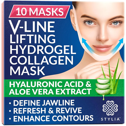 V Line Lifting Collagen Face Mask - Double Chin Strap for Women - Jawline Shaper Face Lift Tape - Neck Lift Collagen Mask - Chin Strap for Sleeping - Hyaluronic Acid, Aloe Vera, Cica 10PC