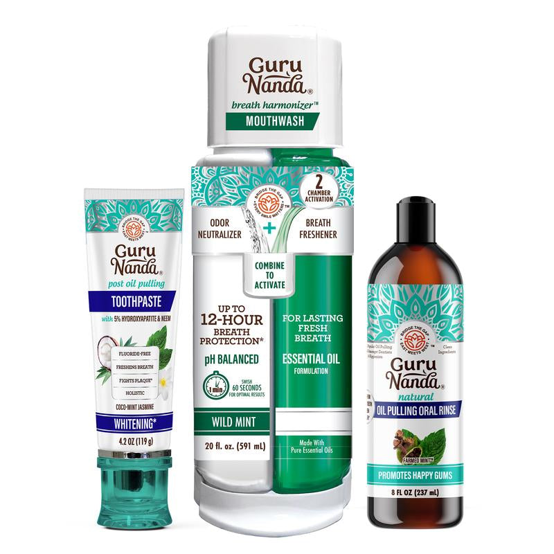 CEO's Preferred Oral Care Set: Toothpaste, Cocomint 8oz Oil Pulling Solution, and Breath Harmonizer Dual Barrel Mouthwash